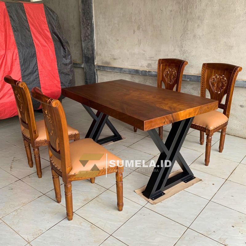 MEJA MAKAN 150x80 4KURSI-MEJA KAYU TREMBESI-KURSI UKIRAN