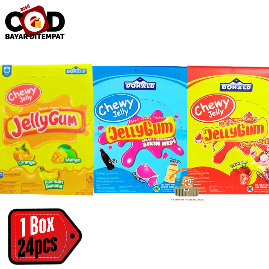 

[ BERKAH ] Donald Jelly Gum Box Isi 24 x 25gr Chewy Jelly Assorted Agar Jelly Rasa Bubblegum Cola Yogurt Grape Lychee Strawberry Snack Cemilan Anak Murah Halal