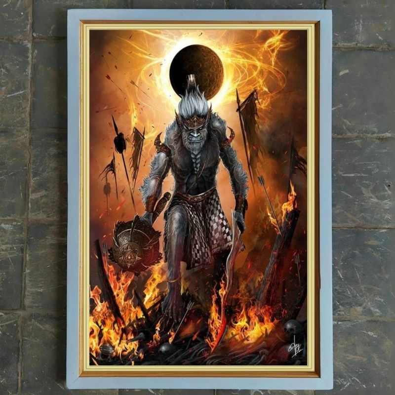 hiasan dinding lukisan cetak Anoman kera putih plus figura ukuran 85×55