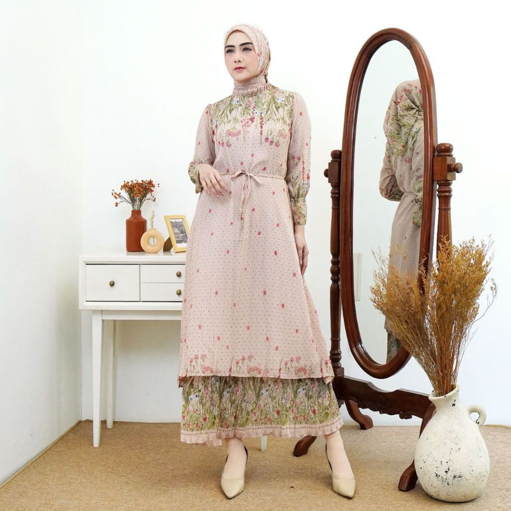 Calista Maxy Dress Free Hijab + Belt | Gamis Ceruty Plisket | Gamis Plisket Motif | Dress Plisket