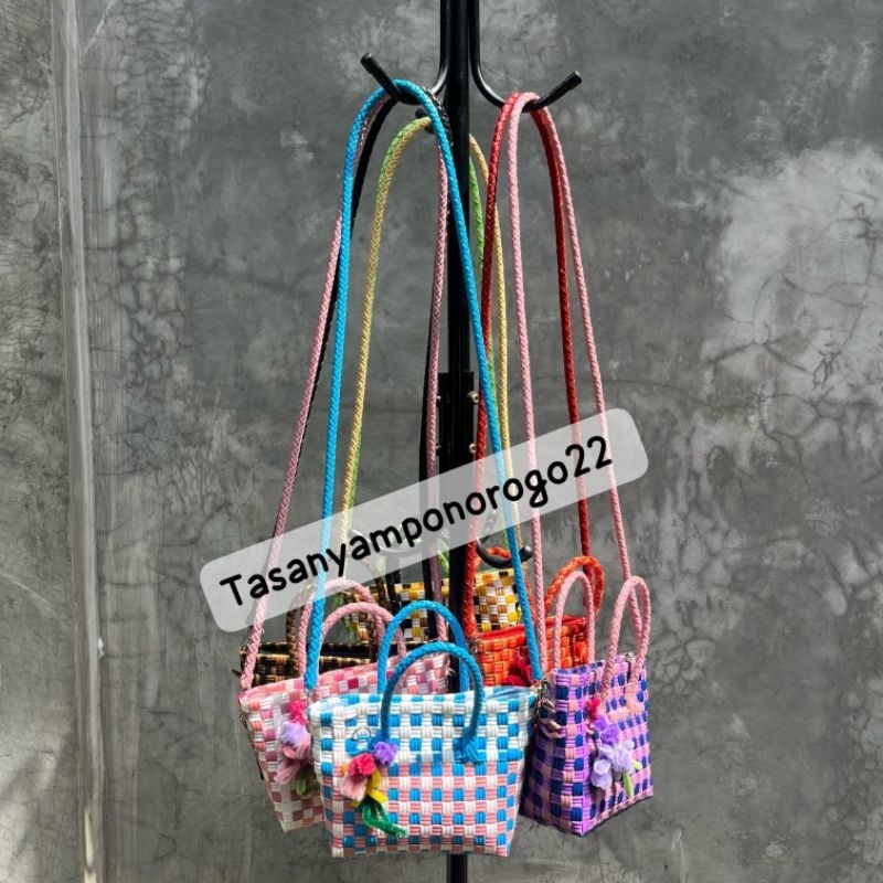 Tas anyaman plastik mini zipper full furring tali panjang
