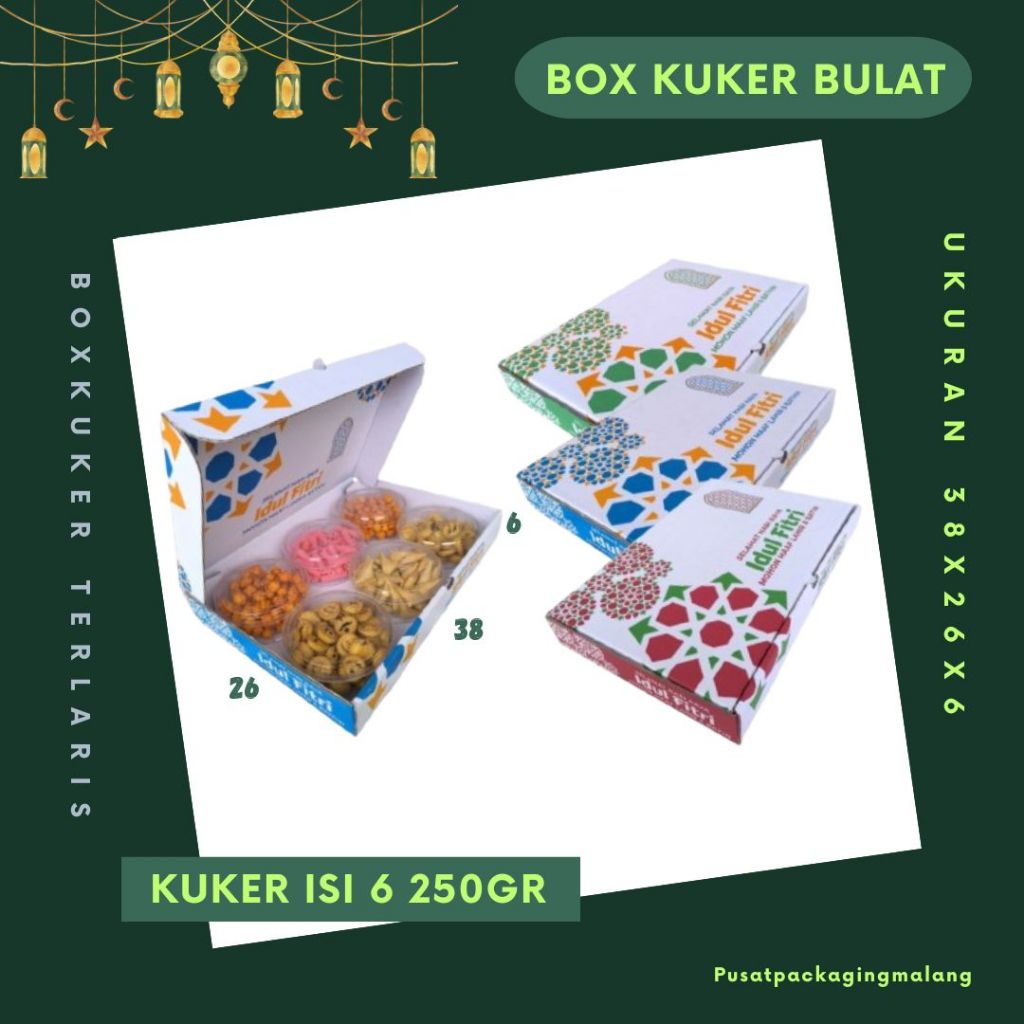 

Kardus Kuker 38x26x6 LD Kue Kering Toples 250 gr isi 6 Toples Box Ied Mubarok Dus Idul Fitri Lebaran Packing Kotak Kemasan Pizza Polos/Motif