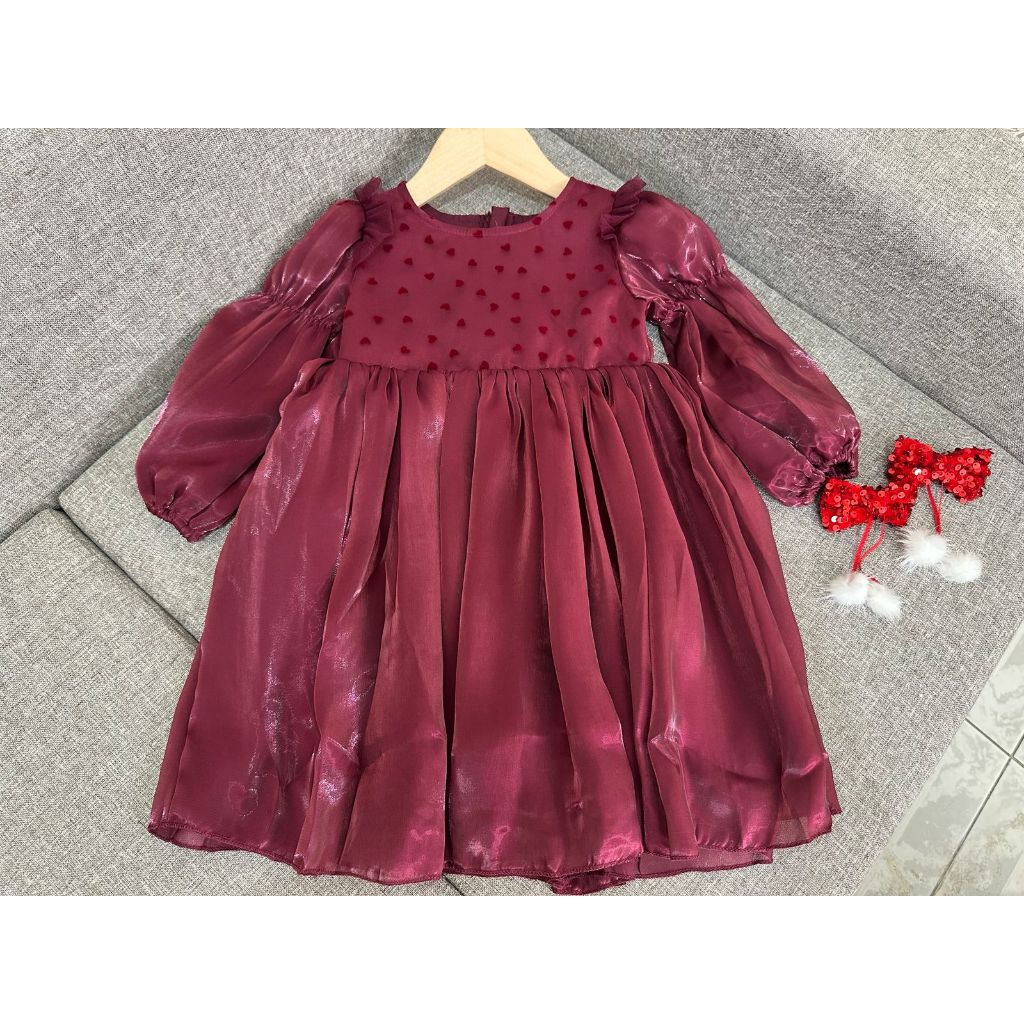 [KIDSFASHIONKOLESI] Dress Merah Burgundy Shimmer Brukat Lace Love Anak Perempuan