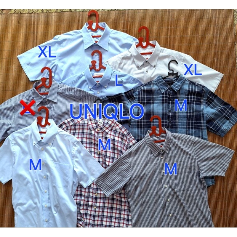 Baju Kemeja UNIQLO Lengan Pendek Button Down Formal Casual Katun Linen Kotak Polos Abu Putih Biru Pr