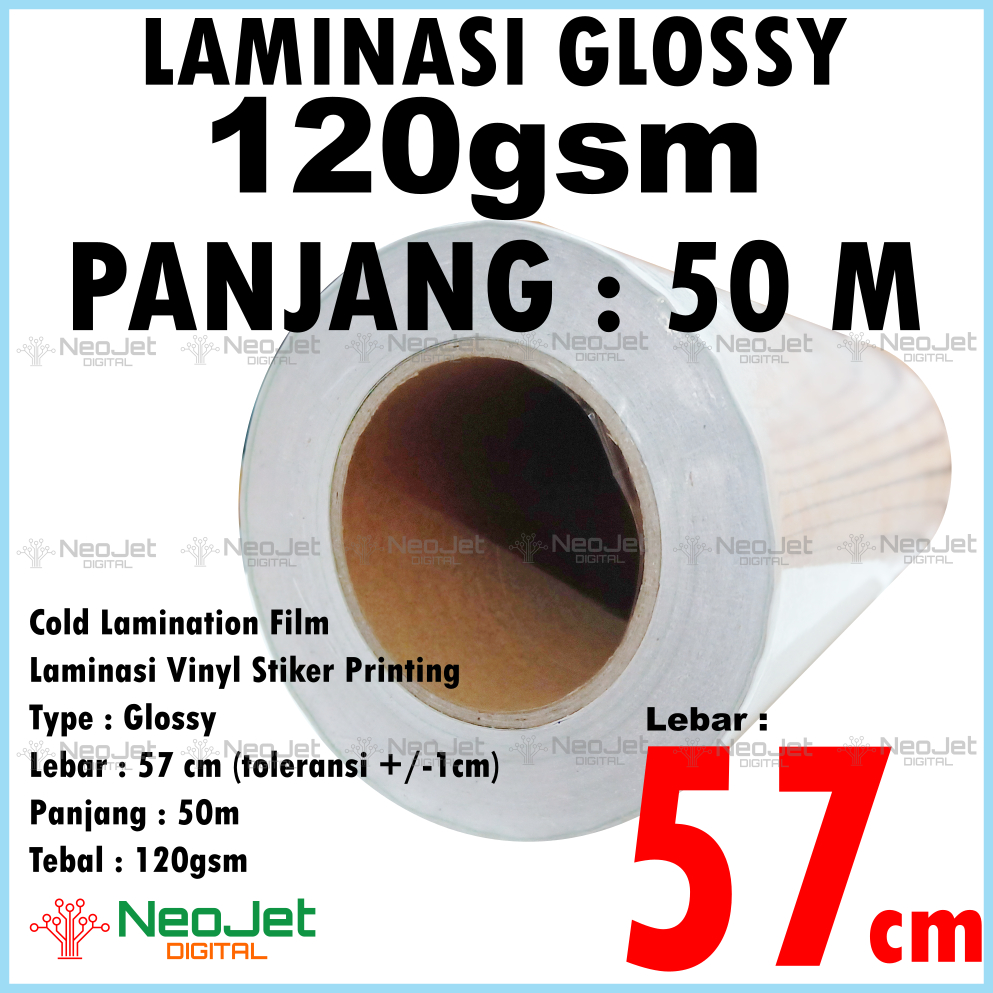 

Laminasi Dingin Gloss Kilap 120 gsm lebar 57 cm untuk Laminating Sticker Print Digital Printing