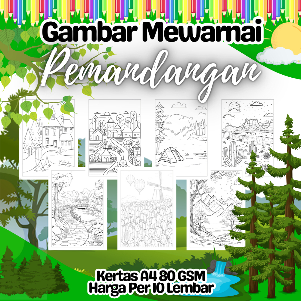 

10 Lembar Kertas A4 Gambar Mewarnai Tema PEMANDANGAN LANDSCAPE VIEW Termurah - Anak Anak TK SD PAUD Remaja