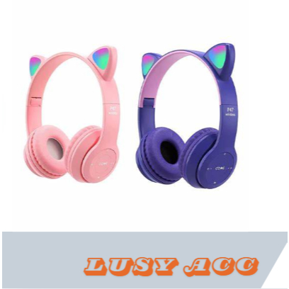P47M Headphone Bluetooth Gaming Cat Ears Wireless Bluetooth RGB Led Light Super Bass Stereo Bando He