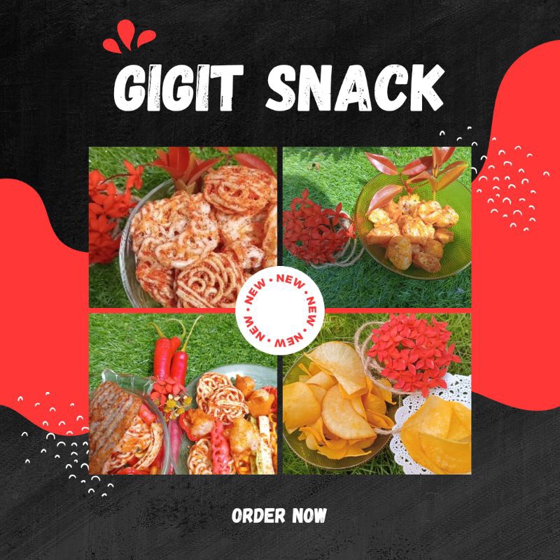 

Gigit Snack (cemilan pedas), keripik singkong, siomay kering, seblak mawar, seblak beton mix