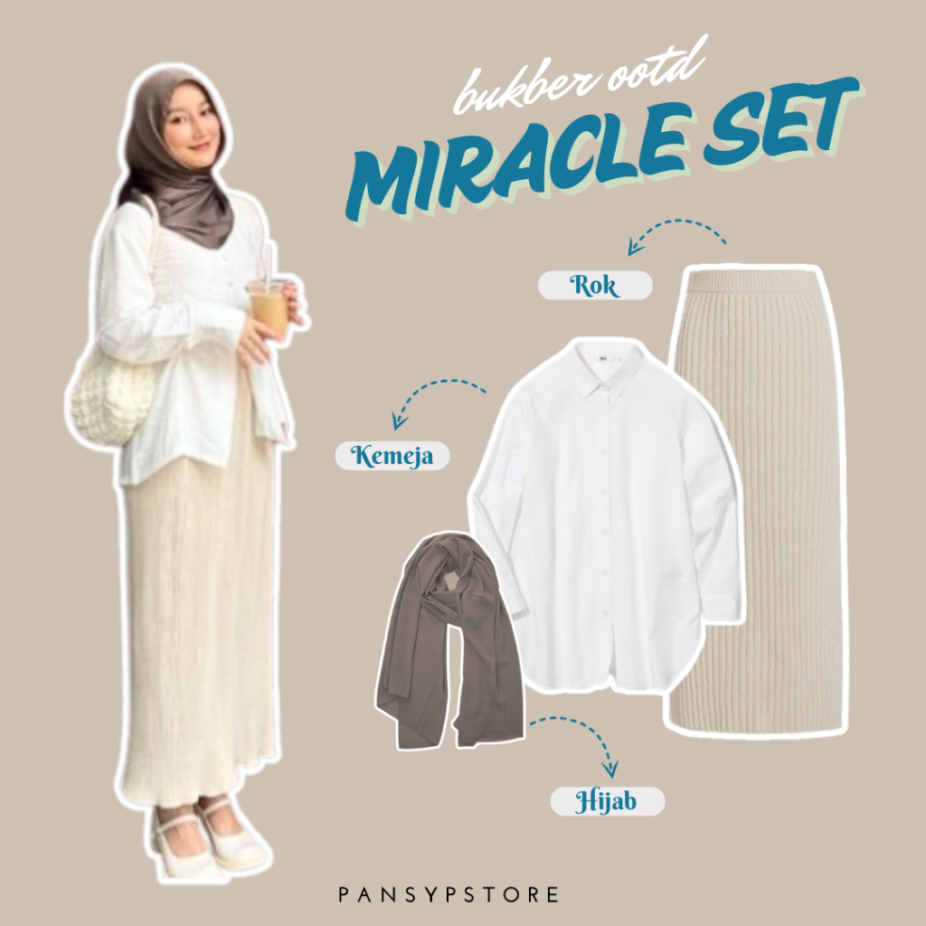 Miracle One Set Kemeja Polos Rok Span Lidi Plisket Dan Hijab Pashmina Setelan Outfit Bukber Simple