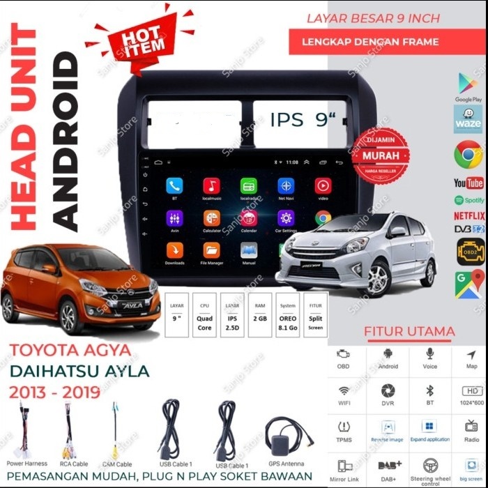Tape mobil Headunit Android 9 inch untuk toyota Agya dan daihatsu Ayla PNP