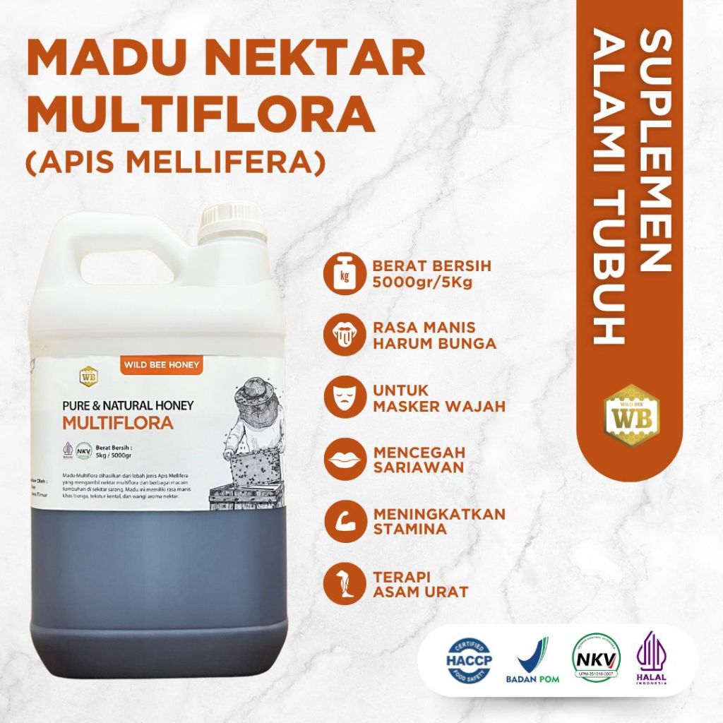 

WB Wild Bee Madu Curah Asli - Madu Multiflora 5 kg Bersertifikat / Madu Wild Bee / Lebah Hutan - Beli 10 Gratis 1