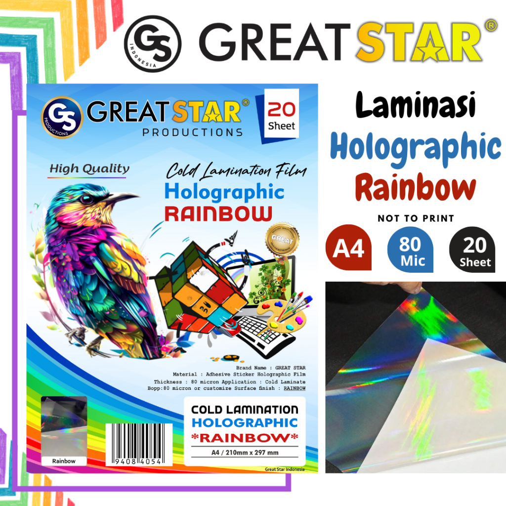 

Cold Lamination Film Holografic Rainbow A4/20 Lembar