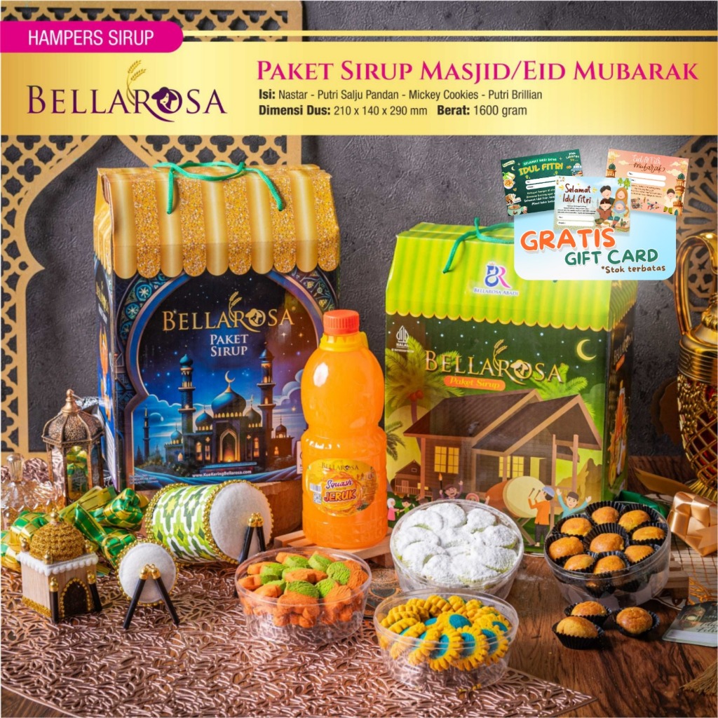 

PAKET SIRUP BELLAROSA HAMPERS KUE KERING LEBARAN 1 BOTOL 4 KUE / PAKET SIRUP LEBARAN DIBUAT TAHUN 2025