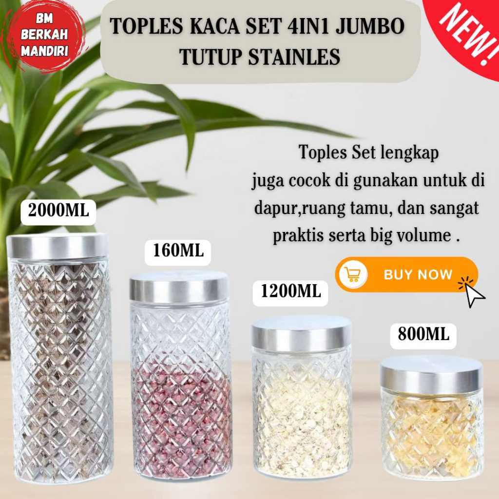 Toples Kaca Set 4IN1 jumbo Tutup Stainless Motif Diamond  dan kotak  Toples Lebaran Serbaguna