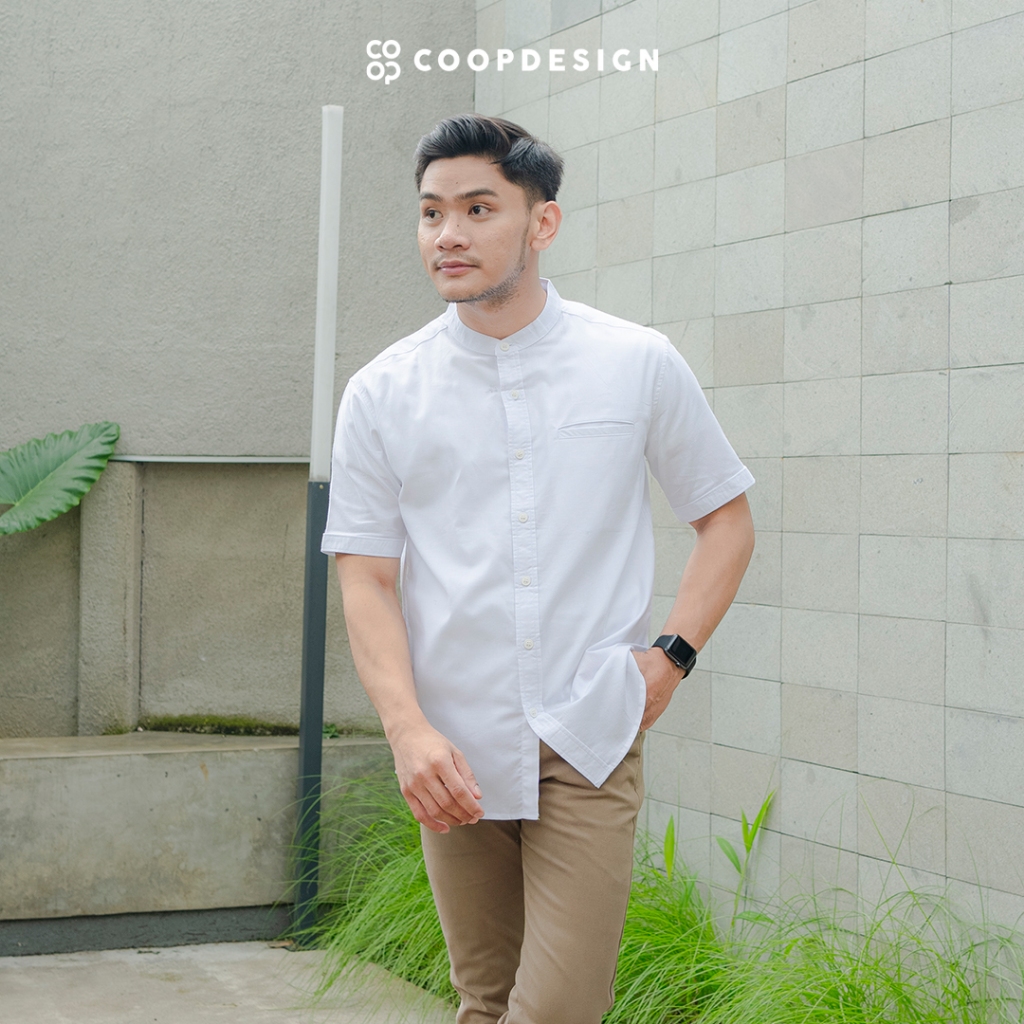 Coop Design - Arva Kemeja Koko Kerah Shanghai Polos Kasual Plain Pria Lengan Pendek White/Putih