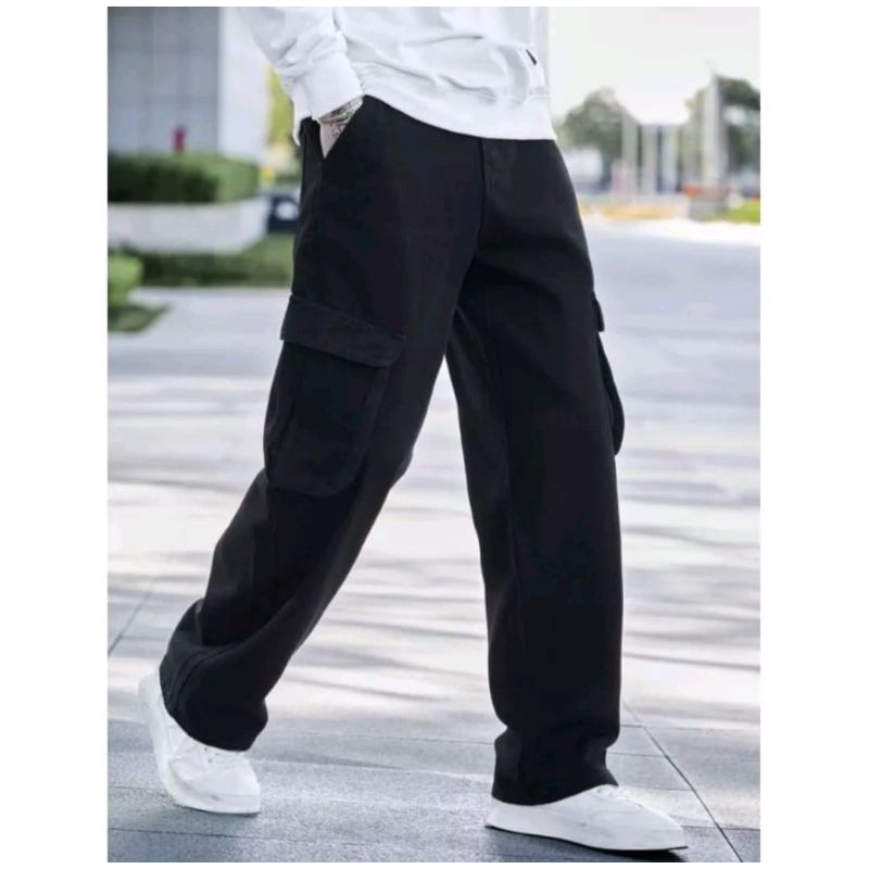 celana jeans cargo gombrong hitam panjang pria korean style denim