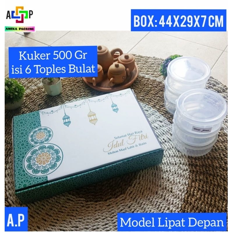 

Box 44x29x7 cm(Kuker 500 gr isi 6 Toples Bulat)/hampers/idulfitri/Lebaran/Kardus/Parcel