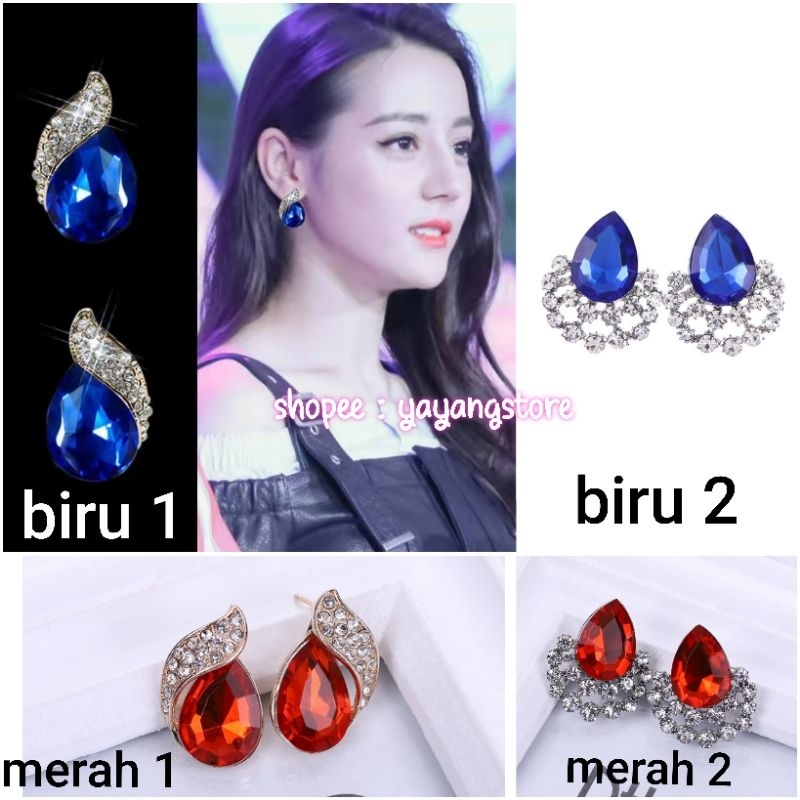 Anting Permata Batu Pesta Blue Saphire dan Batu Merah Korea Import