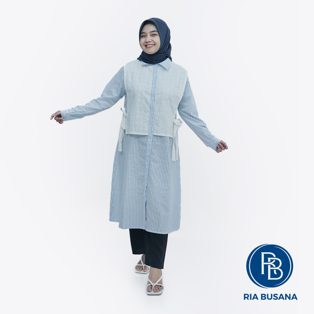 Ria Busana - Nathaniah - Kemeja Wanita Midi Salur Katun Kombinasi Brukat Art. R0867-KOMBBRUKAT