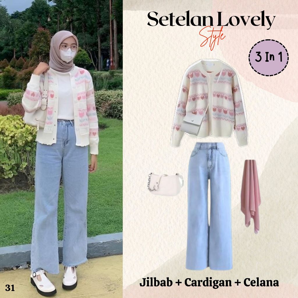 One Set 3in1 Wanita Kekinian Cardigan Rajut, Celana Jeans Highwaist, Hijab I Ootd Outfit Wanita Y031