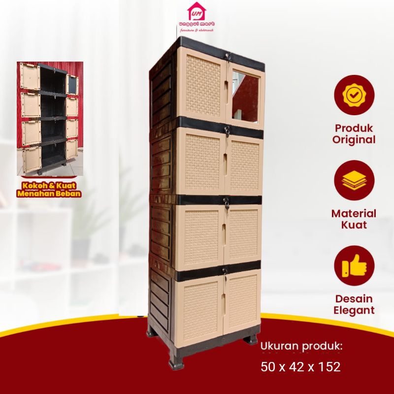 Lemari plastik penyimpanan pakaian susun 4 kaca + kunci akako club tabitha aquos gunplas