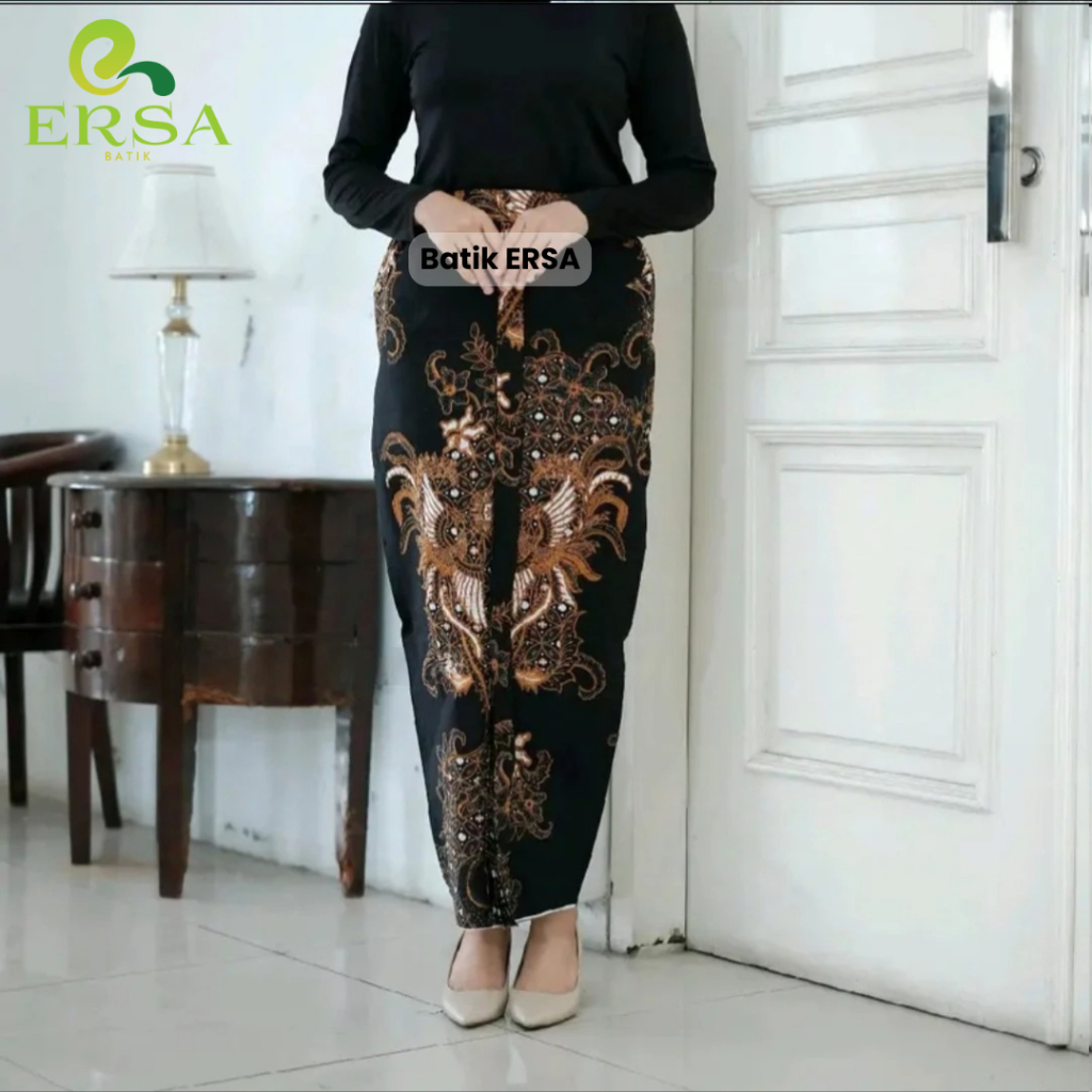ERSA Rok Batik Bawahan Wanita Jarik Wiru Manten Khas Solo Motif WIKARYA RAJA HITAM COKLAT ORANGE GOL