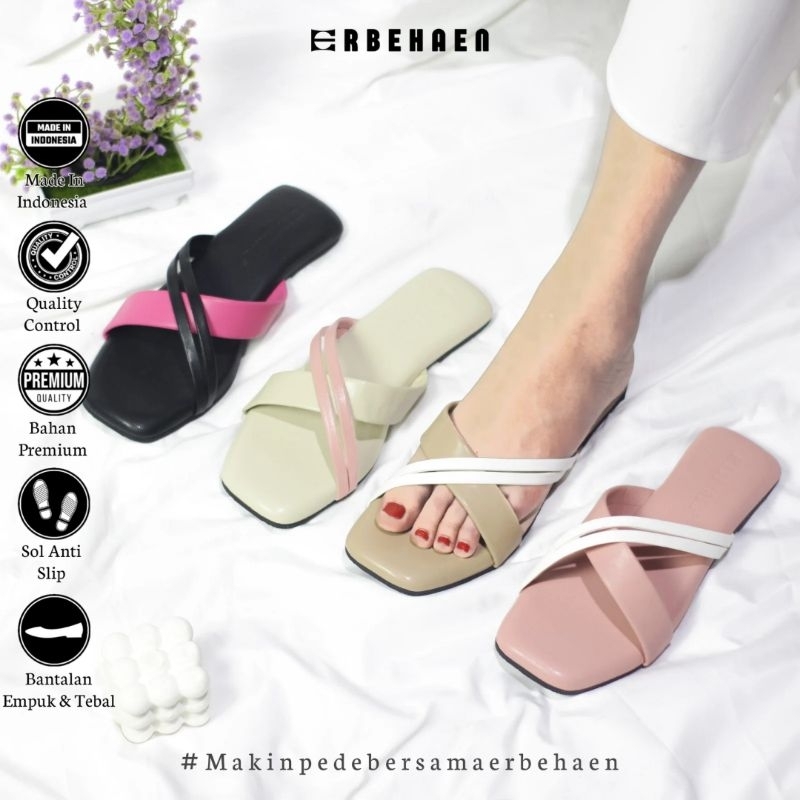Erbehaen Sandal Wanita Slop Flat Teplek Simple Elegan Kode NN005
