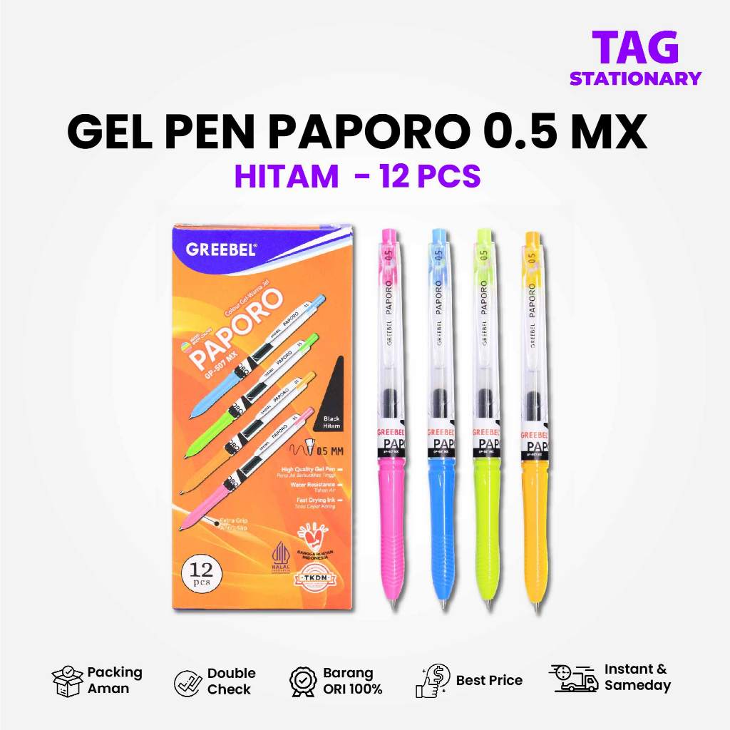 

GREEBEL PULPEN GEL / GEL PEN GP-507 PAPORO MX 0.5 Hitam12 PCS/SET / Ballpen Bolpoin Bolpen Cetek