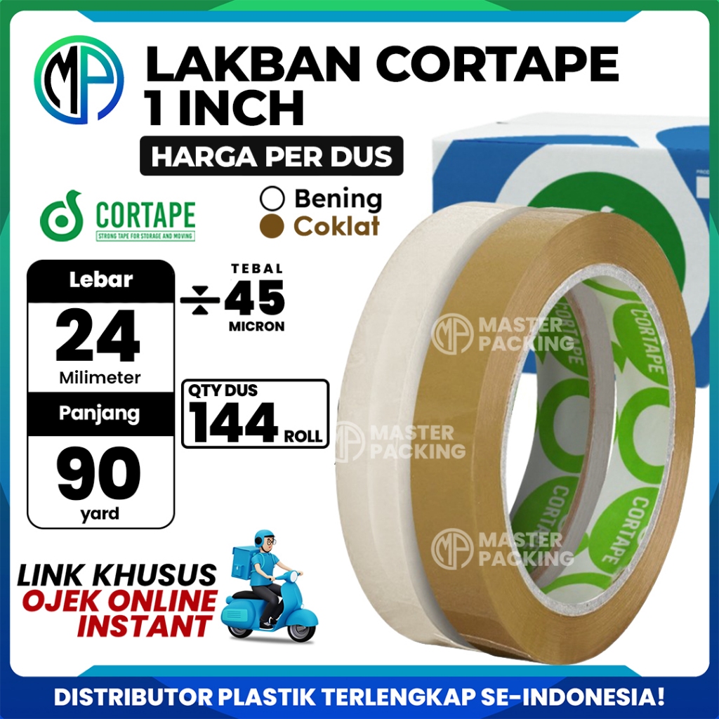 

Lakban Selotip Isolasi Grosir Cortape Bening & Coklat 1inch 24mm x 90yard HARGA PER-DUS (VIA GOJEK)