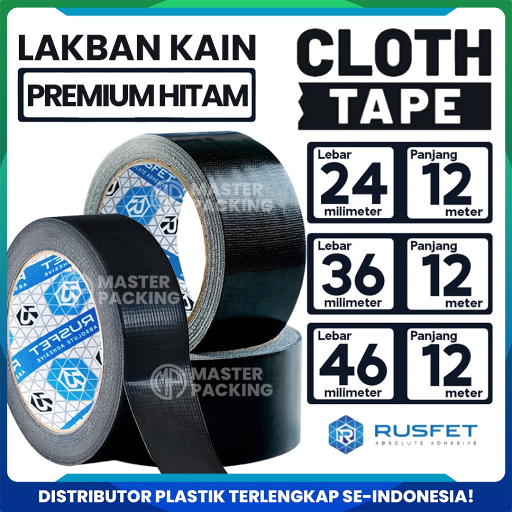 

Lakban Kain Hitam Tebal (Cloth Tape) Isolasi / Solatip Kain Merek Rusfet Harga Ecer Satuan termurah