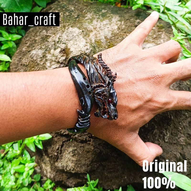 Gelang Akar Bahar Merah Body Hitam Ukir Naga vs Kujang