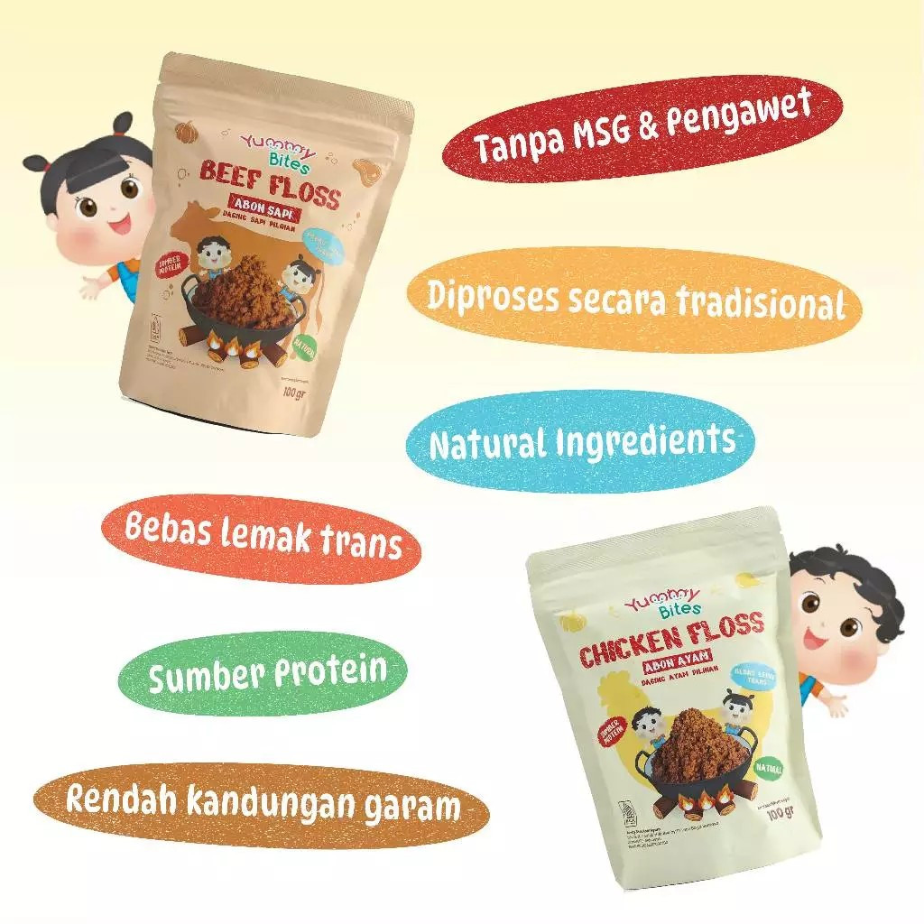 

Yummy Bites Abon Mpasi & Anak 100 GR [Abon Ayam, Abon Sapi] - BB Booster - NO MSG