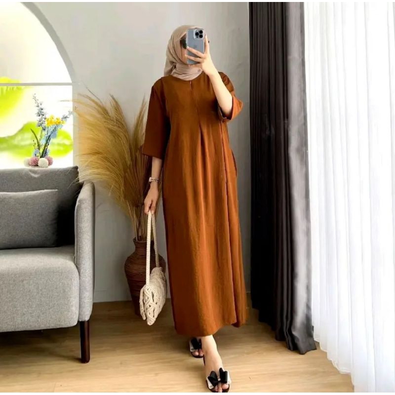 Daster Gamis Jumbo Crinkle Polos KekinianLengan 3/4 Panjang Busui Friendly