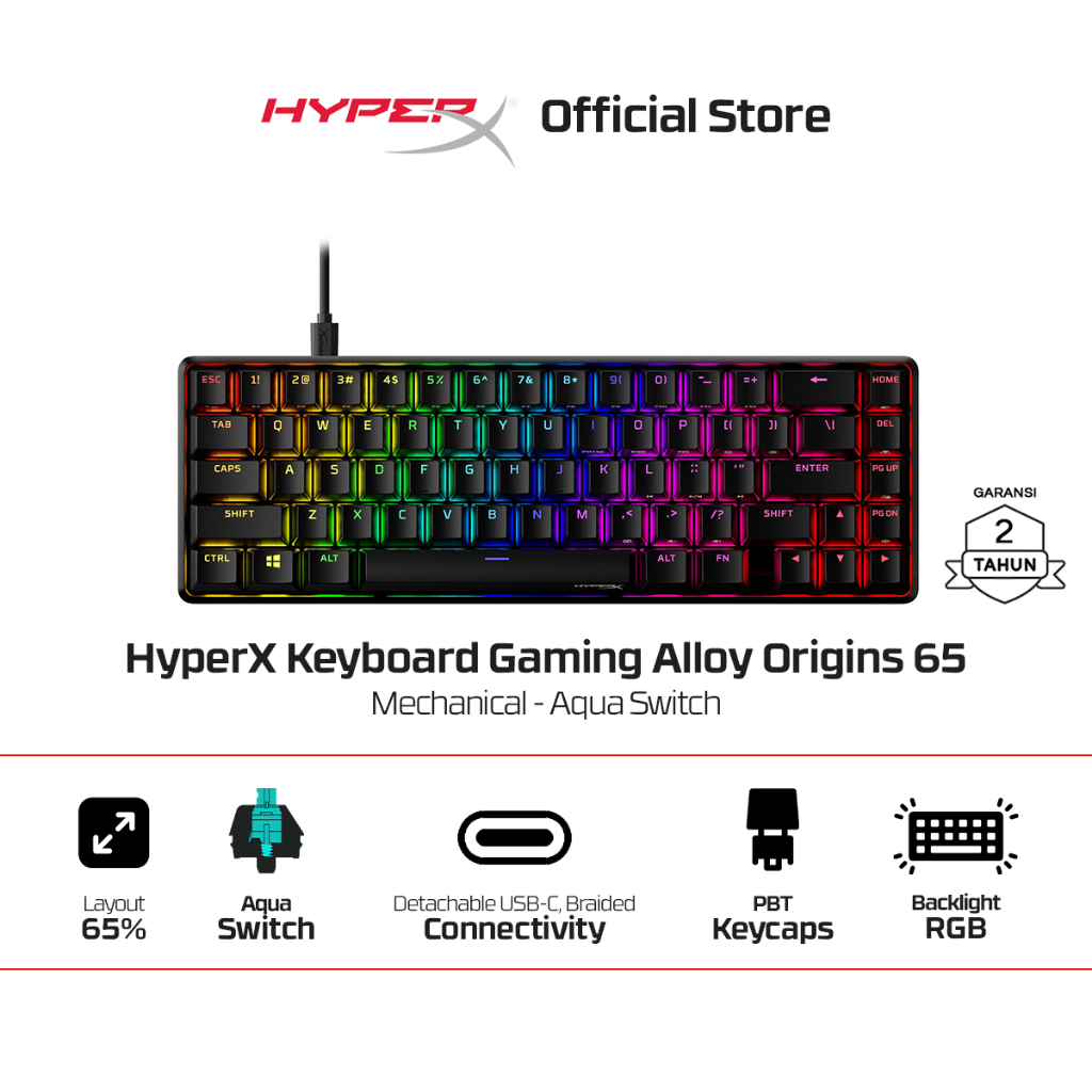 HyperX Keyboard Gaming Alloy Origins 65 65% Compact Wired Aqua Mechanical Switch Aluminium PBT Keyca