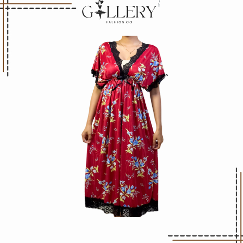 Galerryfashion ~ Dress Lingerie Wanita Motif Bunga Renda Daster Panjang Satin Adem