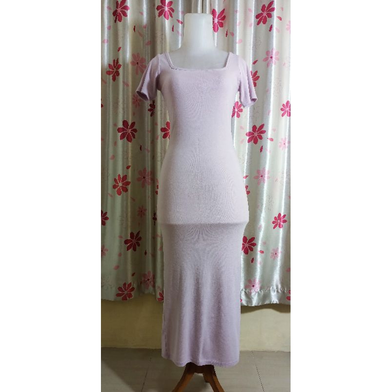 Bodycon Dress Pressbody Kaos Long Dress Square Neck Dress Kaos Pressbody Dress Ungu Lilac