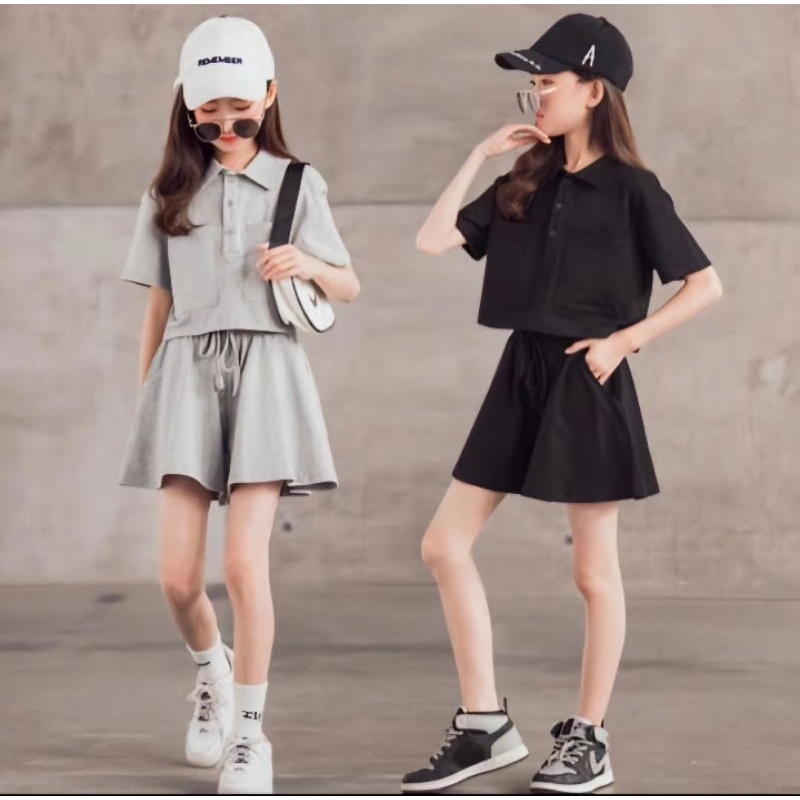 setelan celana hotpants anak import / setelan rok celana / setelan anak crop top 3-8 tahun