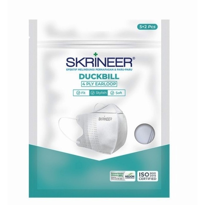 MASKER SKRINEER PUTIH DUCKBILL ISI 7 WHITE GREEN 4 PLY EARLOOP