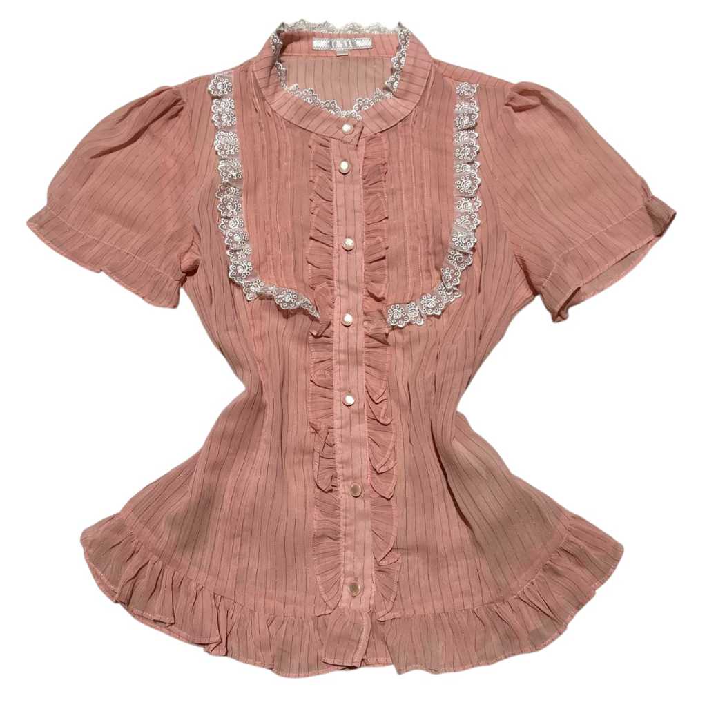 Baby Pink Peach Milkmaid Puffy Top | Pinstripe chiffon cotttagecore coquette lengan balon see throug