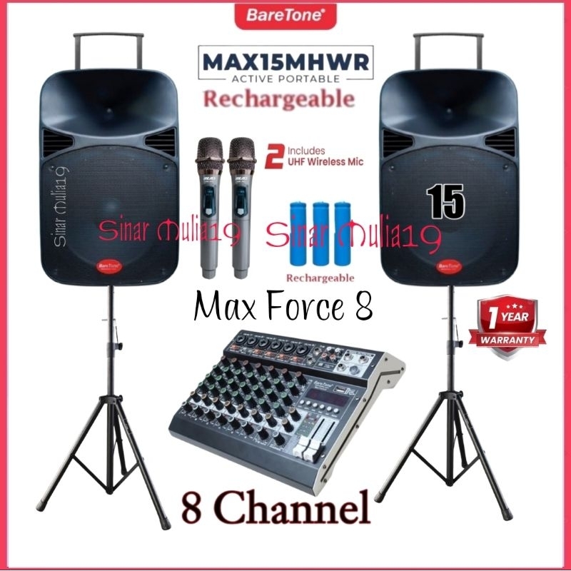 Paket Sound System Speaker Portable BareTone Max15mhwr Mixer BareTone Max Force 8 Mic Wireless Vocal