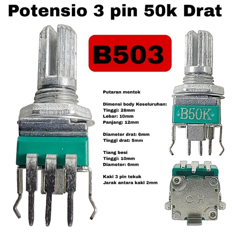 Potensio 3 pin Tekuk B50k Mono Kaki 3 Tekuk Segi Hijau B503