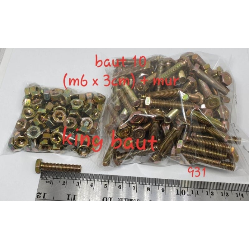 (paket 50 set) Baut 10 (6mm) x 3 cm + Mur