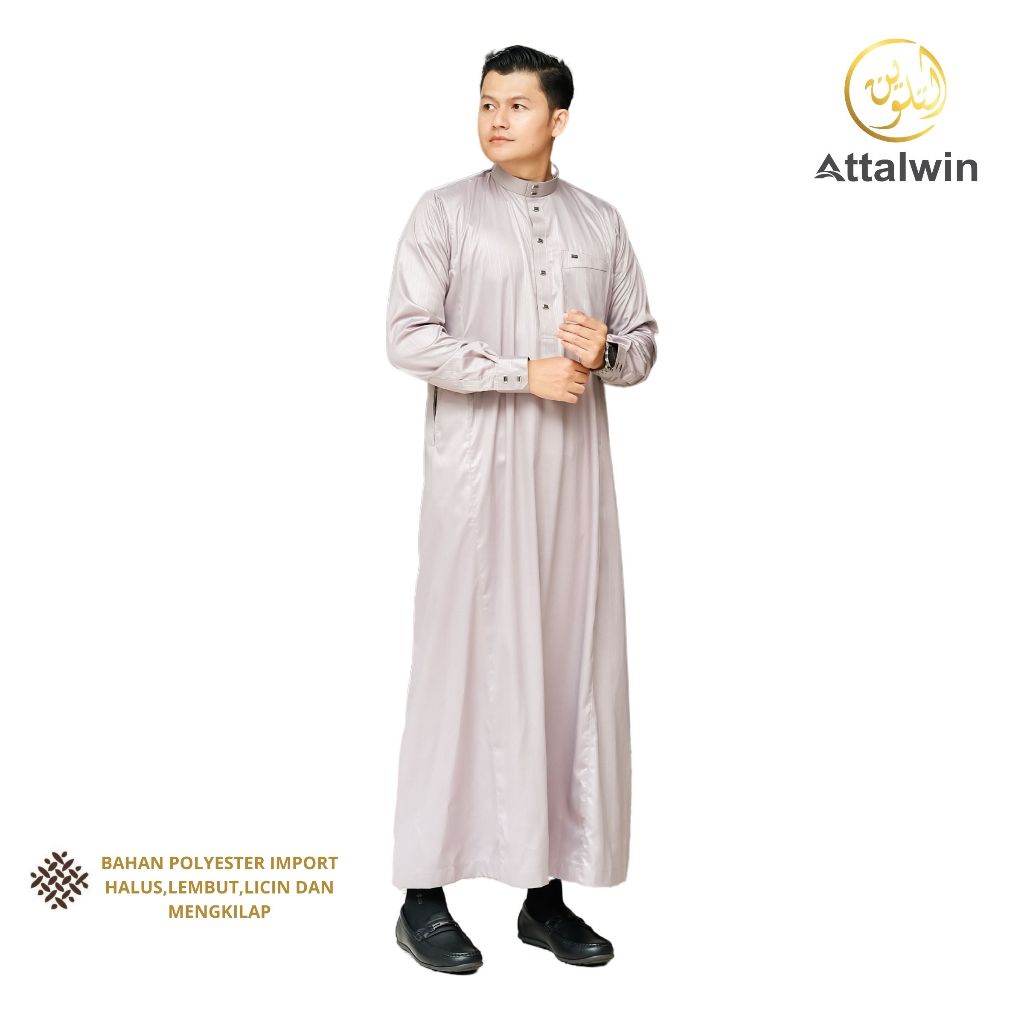 Attalwin - Gamis Jubah Pria Polyester Salur Umroh Haji Tangan Manset JP058