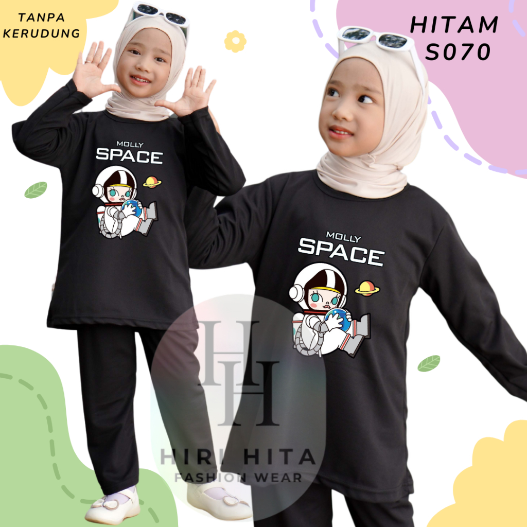 Hirihita S070 Setelan Muslim Tunik One Set Panjang Atasan dan Celana Anak Cewek Dress Moly Spacee
