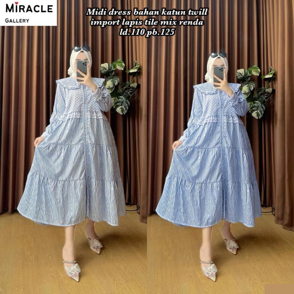 YUMNA DRESS BAHAN KATUN TWILL&BRUKAT / MIDI DRESS LENGAN PANJANG