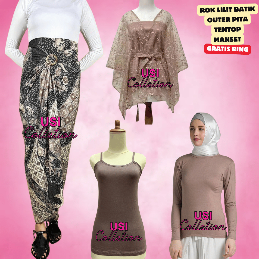 Stelan outer kebaya wanita stelan outer termurah outer kebaya pita Warna Mocca mix rok lilit batik