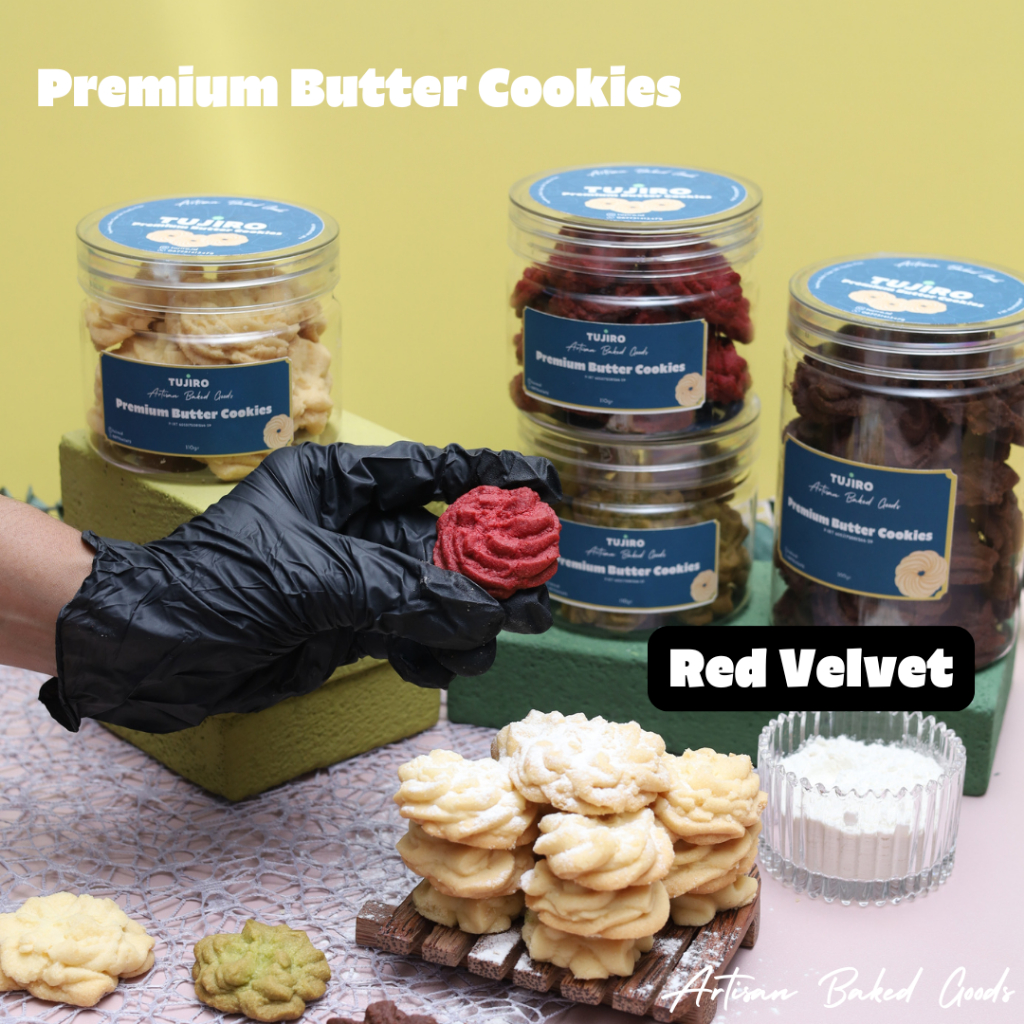 

Tujiro Premium Red Velvet Butter Cookies , Kue Kering Full Butter Tujiro Rasa Red Velvet