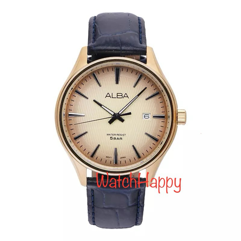 JAM TANGAN ALBA AS9V16X1 AS9V16 MEN ANALOG QUARTZ MOVEMENT GOLD DIAL LEATHER STRAP ORIGINAL