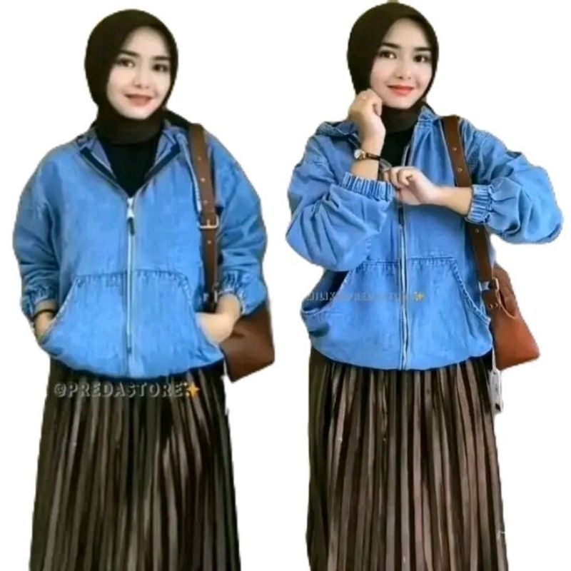 【PROMO】JAKET AMANDA HOODIE JEANS RESLETING CEWEK SWEETER JEANS JAKET HOODIE WANITA JUMBO Zipper Lemb