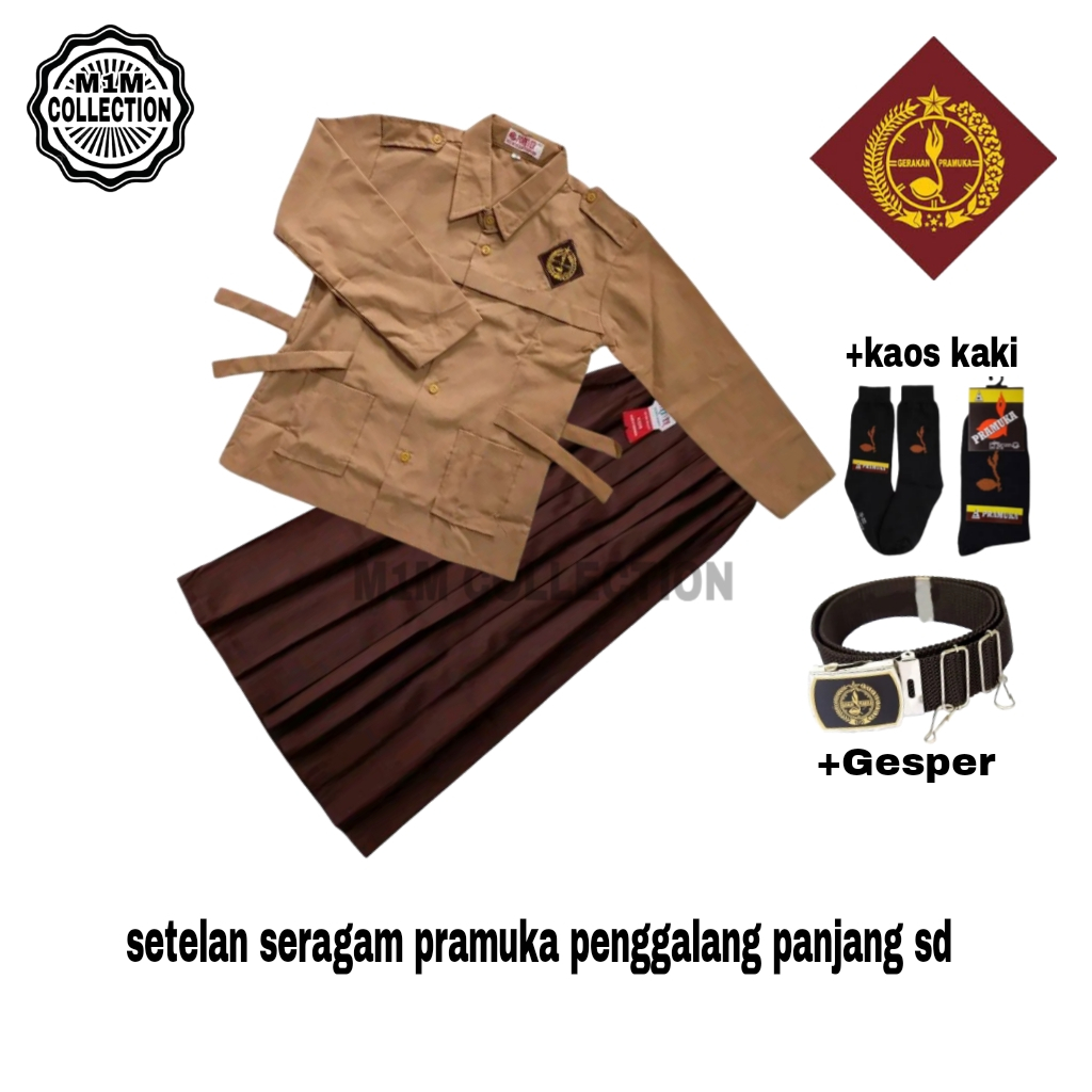 Setelan Seragam Pramuka SD Panjang Anak Perempuan Kelas 1-6 SD Bonus Gesper Kaos Kaki Pramuka SD Ser